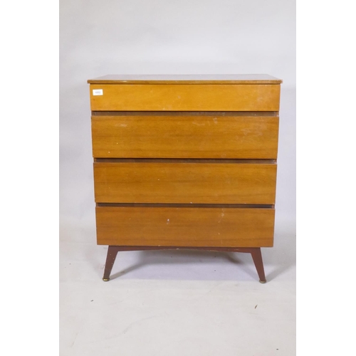 1052 - A mid century lacquered teak four drawer chest, raised on splay supports, 76 x 46 x 87cm