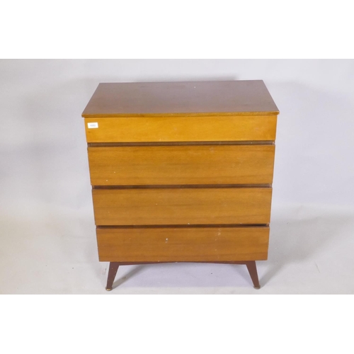 1052 - A mid century lacquered teak four drawer chest, raised on splay supports, 76 x 46 x 87cm