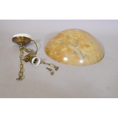 1059 - An alabaster pendant ceiling lamp shade with brass chains, 40cm diameter