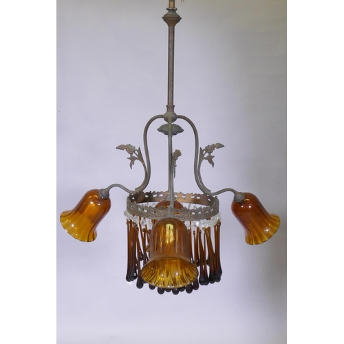 1068 - An early C19th continental pendant ceiling light with three branches and amber glass drops and shade... 