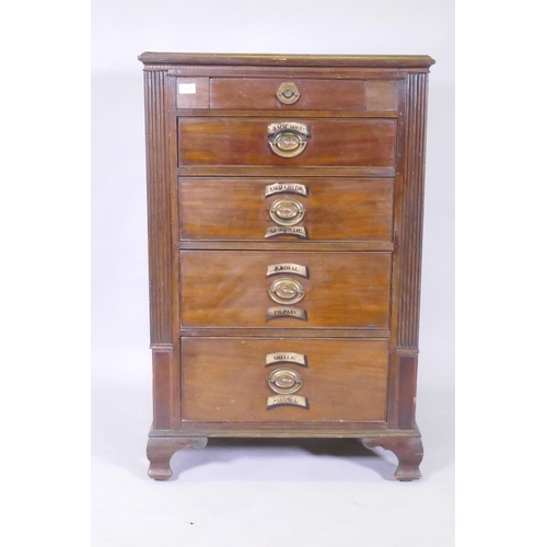 1105 - A C19th mahogany five drawer chest, with brass plate handles and painted decoration, raised on ogee ... 