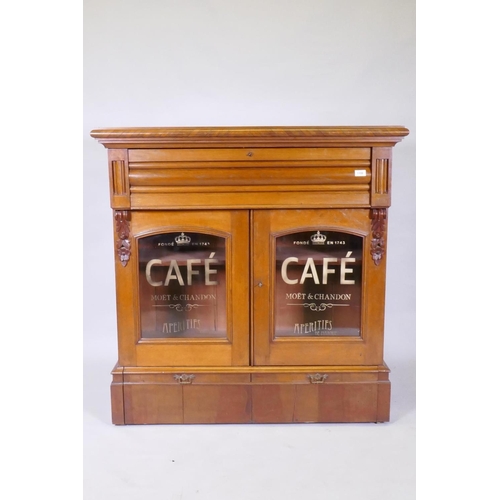 1106 - A C19th continental cabinet, with parquetry top, top and bottom frieze drawers and two glazed doors ... 