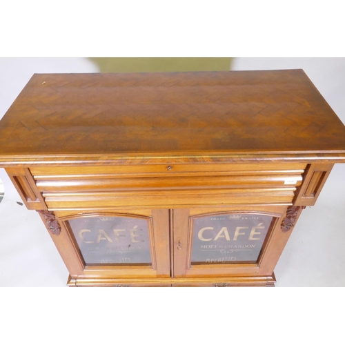 1106 - A C19th continental cabinet, with parquetry top, top and bottom frieze drawers and two glazed doors ... 