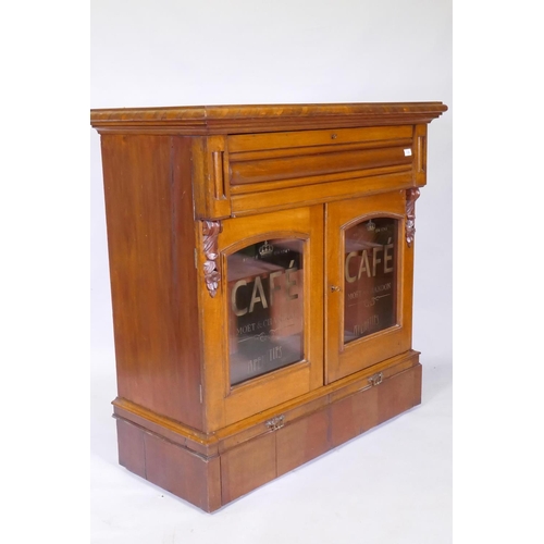 1106 - A C19th continental cabinet, with parquetry top, top and bottom frieze drawers and two glazed doors ... 