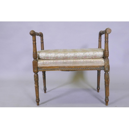 1132 - A C19th  Italian neo classical carved giltwood window seat, raised on fluted tapering supports, 63 x... 