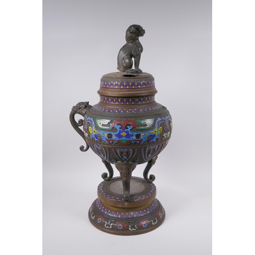 115 - A late C19th/early C20th oriental bronze censer and cover on stand with archaic style cloisonne deco... 