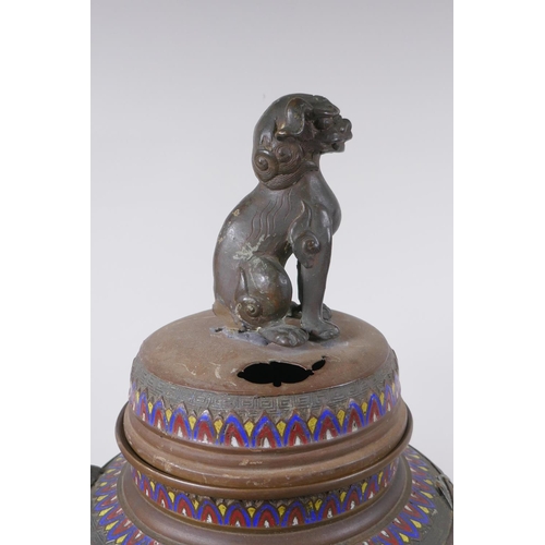 115 - A late C19th/early C20th oriental bronze censer and cover on stand with archaic style cloisonne deco... 