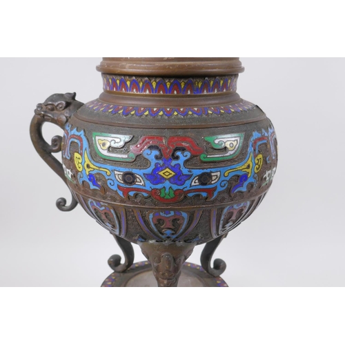 115 - A late C19th/early C20th oriental bronze censer and cover on stand with archaic style cloisonne deco... 