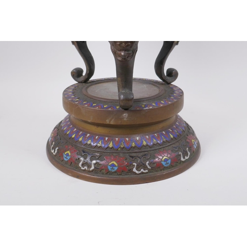 115 - A late C19th/early C20th oriental bronze censer and cover on stand with archaic style cloisonne deco... 