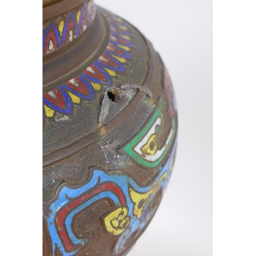 115 - A late C19th/early C20th oriental bronze censer and cover on stand with archaic style cloisonne deco... 