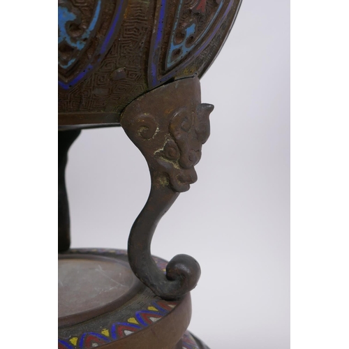 115 - A late C19th/early C20th oriental bronze censer and cover on stand with archaic style cloisonne deco... 