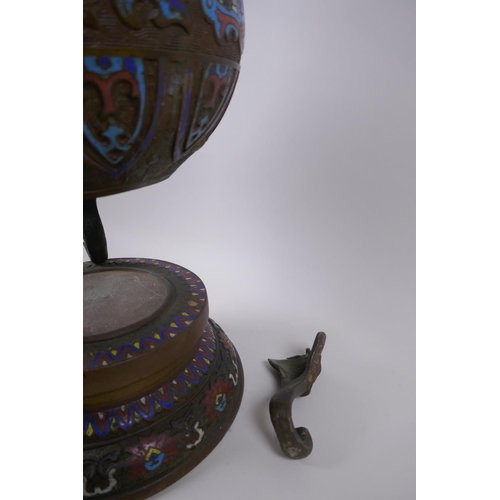 115 - A late C19th/early C20th oriental bronze censer and cover on stand with archaic style cloisonne deco... 