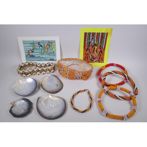 121 - A collection of Tahitian items including six beaded shell items of jewellery, four pearl shells and ... 