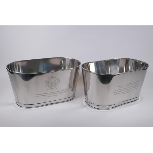 122 - A pair of plated metal Champagne coolers, engraved with aphorisms from Lily Bollinger and Napoleon B... 