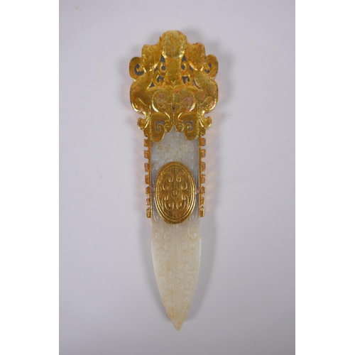 123 - A Chinese archaic style jade carving of a blade, with gilt highlights, 18cm 