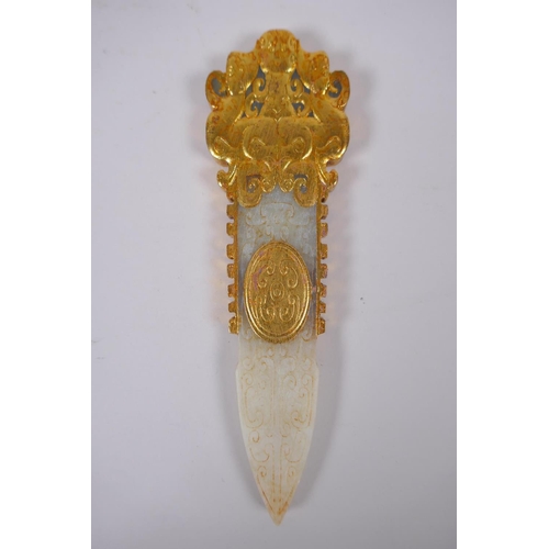 123 - A Chinese archaic style jade carving of a blade, with gilt highlights, 18cm 