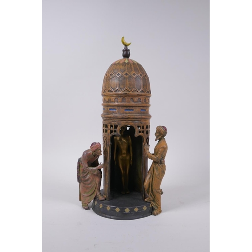 124 - An Austrian style cold painted bronze figure of an Arabic tower, with concealed female nude and two ... 