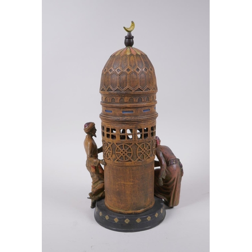 124 - An Austrian style cold painted bronze figure of an Arabic tower, with concealed female nude and two ... 