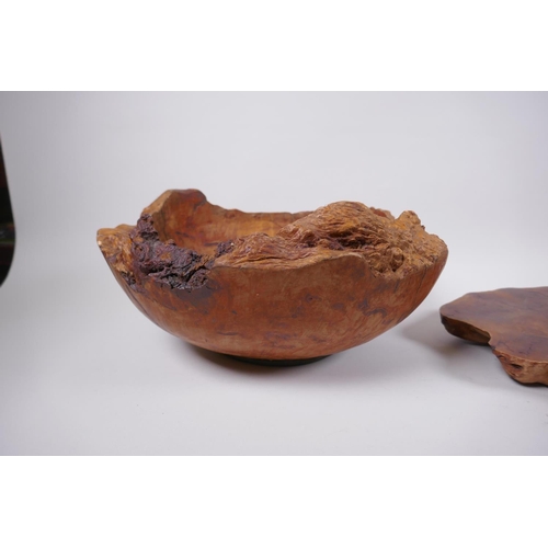 132 - A large turned rootwood fruit bowl, together with a carved walnut serving dish/tray, 45 x 39cm