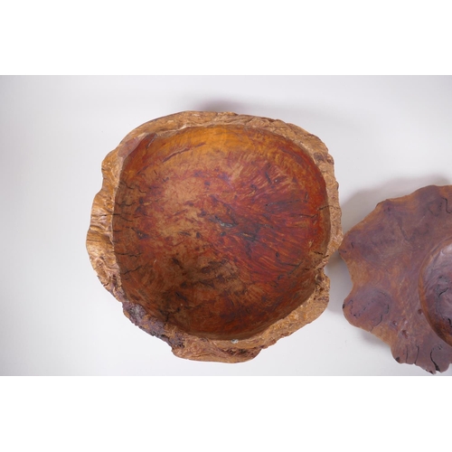 132 - A large turned rootwood fruit bowl, together with a carved walnut serving dish/tray, 45 x 39cm