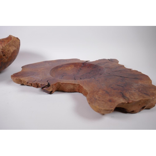 132 - A large turned rootwood fruit bowl, together with a carved walnut serving dish/tray, 45 x 39cm