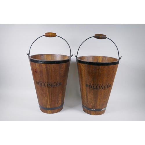 146 - A pair of coopered wooden champagne buckets with Bollinger decoration, 40cm high, 30cm diameter