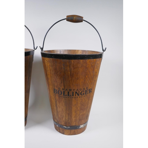 146 - A pair of coopered wooden champagne buckets with Bollinger decoration, 40cm high, 30cm diameter