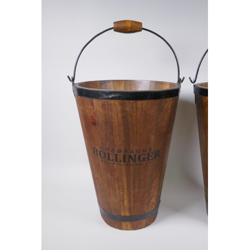 146 - A pair of coopered wooden champagne buckets with Bollinger decoration, 40cm high, 30cm diameter