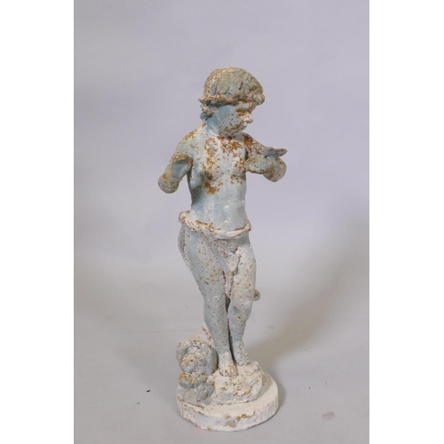 162 - A cast iron garden figure of putti, 49cm high