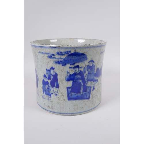 163 - An antique blue and white porcelain brush pot of waisted form, decorated with travellers, Chinese Ka... 