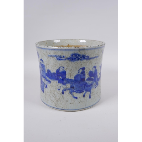 163 - An antique blue and white porcelain brush pot of waisted form, decorated with travellers, Chinese Ka... 