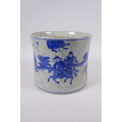 163 - An antique blue and white porcelain brush pot of waisted form, decorated with travellers, Chinese Ka... 