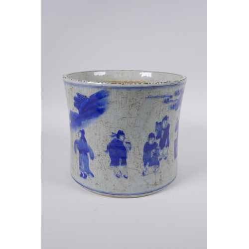 163 - An antique blue and white porcelain brush pot of waisted form, decorated with travellers, Chinese Ka... 