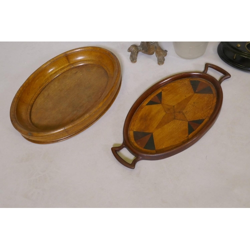 171 - A parquetry inlaid small wood tray, inscribed to base, an oak tray (lacking handles), etched glass i... 