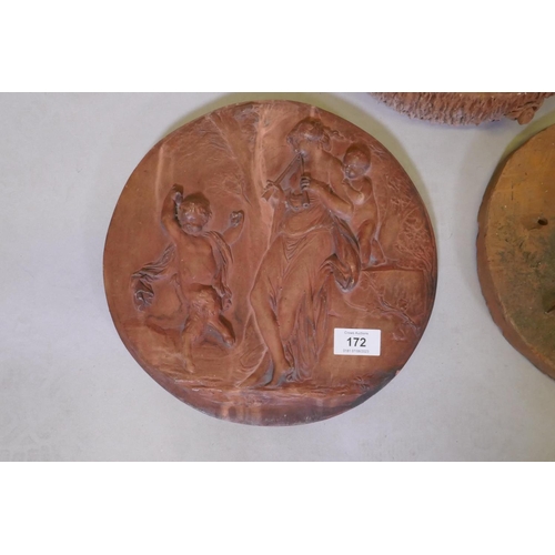 172 - Terracotta wall plaque with raised classical decoration signed Bouchardon, another similar and a dis... 