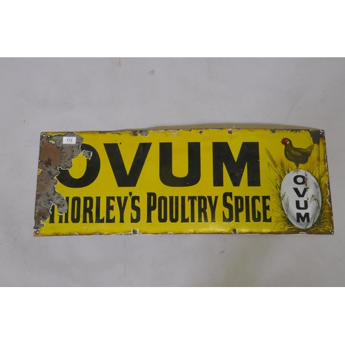 173 - A vintage ovum Thorley's poultry spice enamel sign, by Griffith and Browett, 1901 Co Ltd