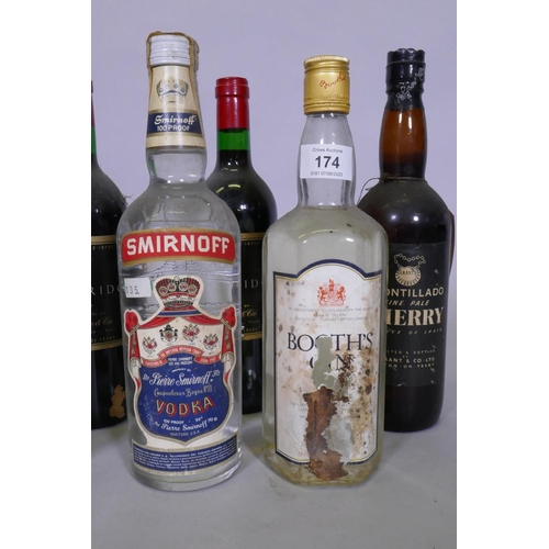 174 - A quantity of wines and spirits, Haig gold label 70% proof, blended Scotch whisky, Gordon's Special ... 