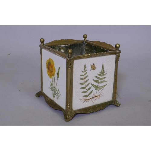 176 - A brass planter, the side inset with Minton tiles decorated with wild flora and fauna, 20 x 20 x 20c... 