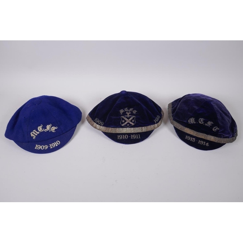 2 - Three pre-WWI Scottish Football Caps in blue and gold/white for M.C.F.C., possibly Morton or Motherw... 