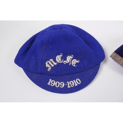 2 - Three pre-WWI Scottish Football Caps in blue and gold/white for M.C.F.C., possibly Morton or Motherw... 