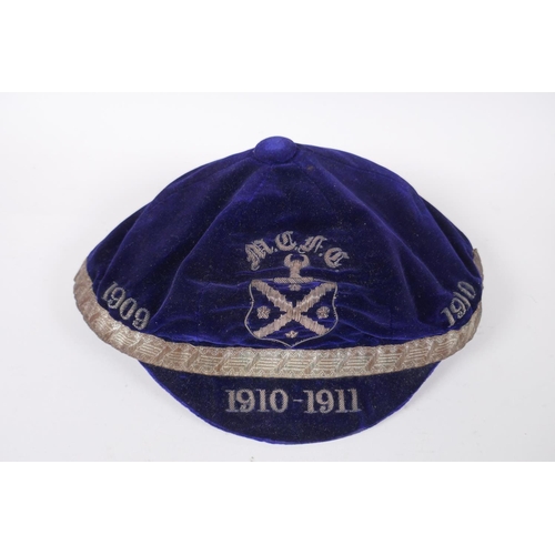 2 - Three pre-WWI Scottish Football Caps in blue and gold/white for M.C.F.C., possibly Morton or Motherw... 