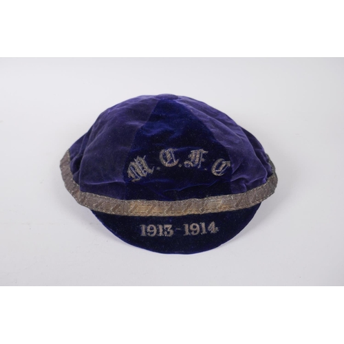 2 - Three pre-WWI Scottish Football Caps in blue and gold/white for M.C.F.C., possibly Morton or Motherw... 