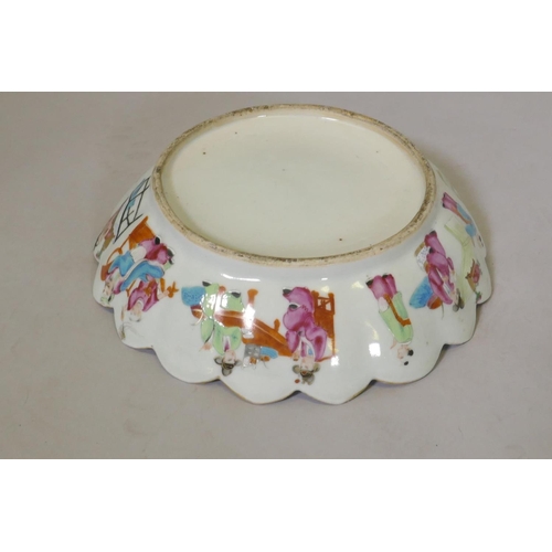 23 - A C19th Cantonese famille verte bowl with shaped rim, AF, 26cm diameter