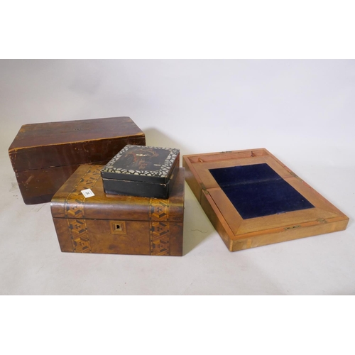 24 - A stained pine writing slope, 40 x 28 x 20cm, a mahogany slope, walnut box and lacquered box