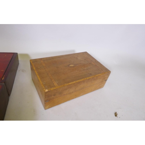 24 - A stained pine writing slope, 40 x 28 x 20cm, a mahogany slope, walnut box and lacquered box