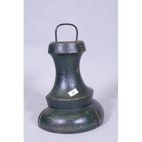 28 - A C19th painted wood bell shaped door stop, 41cm high