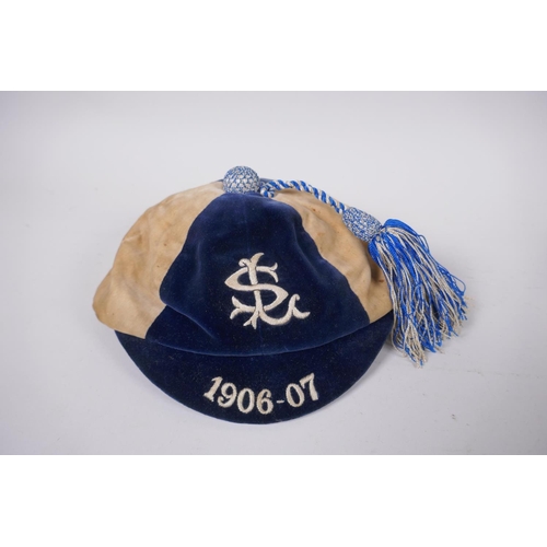 3 - A pre-WWI Scottish football cap in blue and white, monogrammed SL, for the 1906-07 season, made by R... 