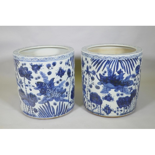 31 - A pair of Chinese blue and white porcelain cylinder jardinieres decorated with carp in a lotus pond,... 