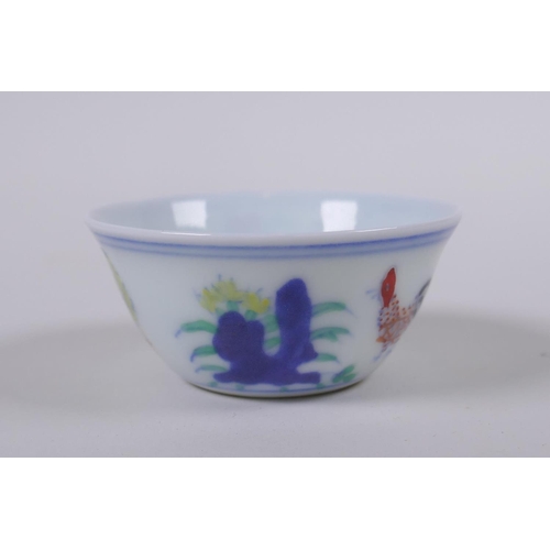 33 - A Doucai porcelain tea bowl with chicken decoration, Chinese Chenghua 6 character mark to base, 6cm ... 