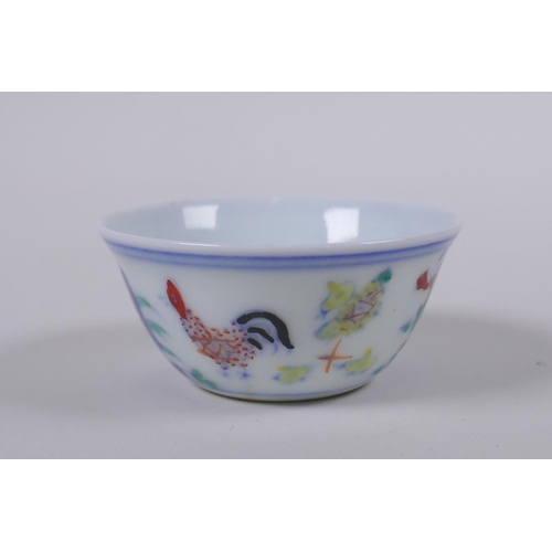 33 - A Doucai porcelain tea bowl with chicken decoration, Chinese Chenghua 6 character mark to base, 6cm ... 